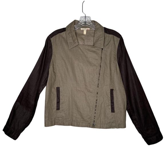 Green Eileen Fisher Organic Linen Moto Jacket Two-Tone Brown Medium - Picture 2 of 13